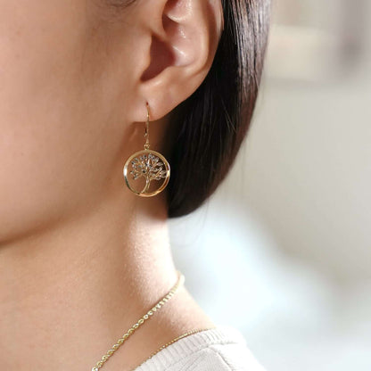 14K Gold Two-Tone Tree Of Life Drop  Leverback Earrings