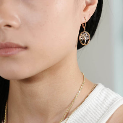 14K Gold Two-Tone Tree Of Life Drop  Leverback Earrings
