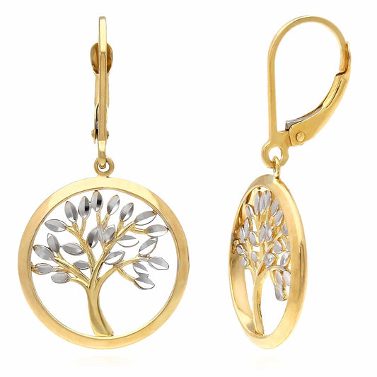 14K Gold Two-Tone Tree Of Life Drop  Leverback Earrings