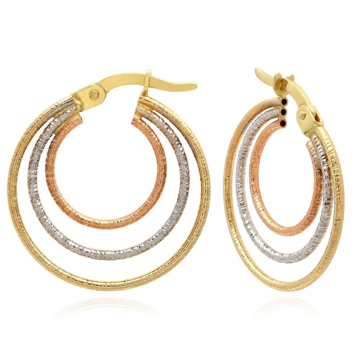 14K Gold Tri - Color Yellow White Rose Diamond - Cut Trinity Hoop Earrings 22mm - WJD Exclusives