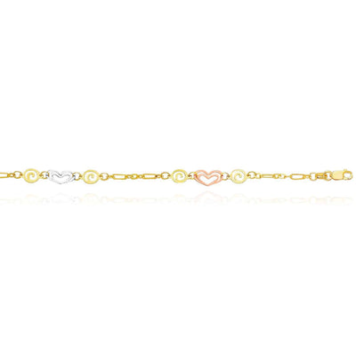 14K Tri - Color Gold Hearts Swirl Anklet (Solid Links) 10" - WJD Exclusives