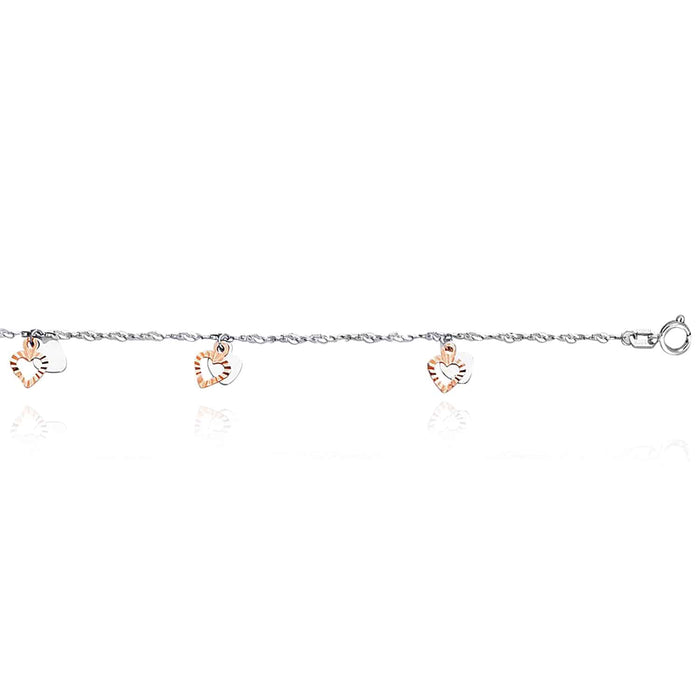14K Rose White Gold Dangle Heart Anklet (Hollow) 9" - 10" Adjustable - WJD Exclusives