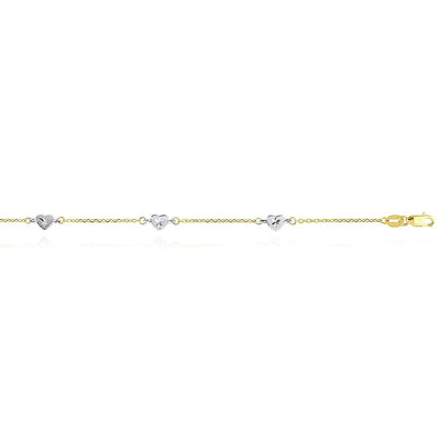 14K Yellow White Gold Diamond - Cut Hearts Station Anklet (Hollow) 9" - 10" - WJD Exclusives