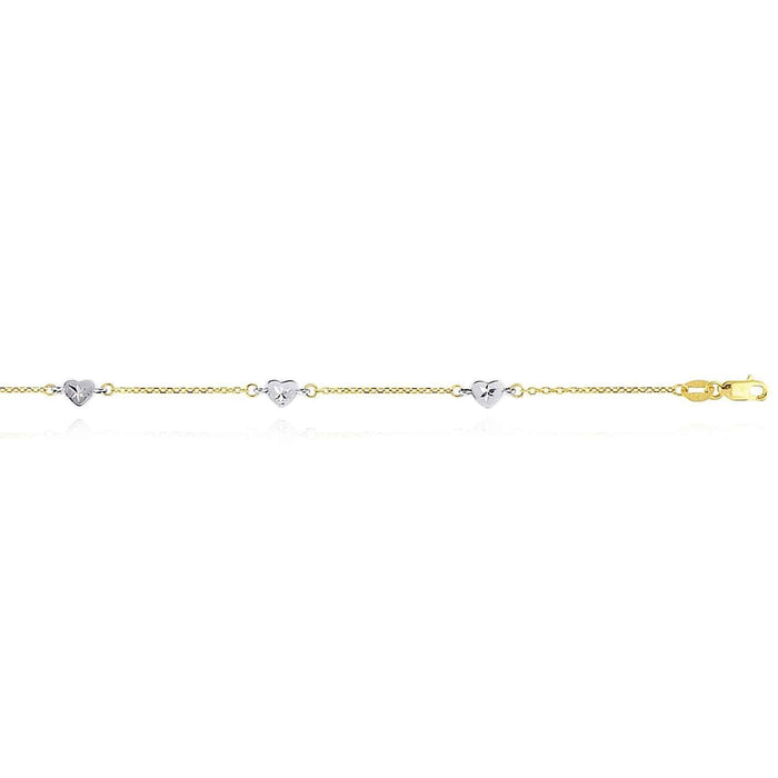 14K Yellow White Gold Diamond - Cut Hearts Station Anklet (Hollow) 9" - 10" - WJD Exclusives