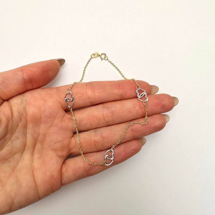 14K Yellow White Gold Interlocking Hearts Anklet (Hollow) 9" - 10" Adjustable - WJD Exclusives