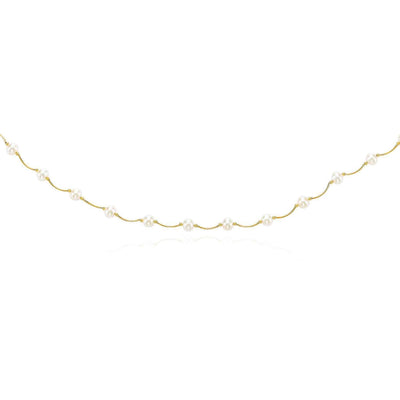 14K Gold Pearl Station By The Yard Scalloped Curved Necklace (Solid Links) 17" - WJD Exclusives