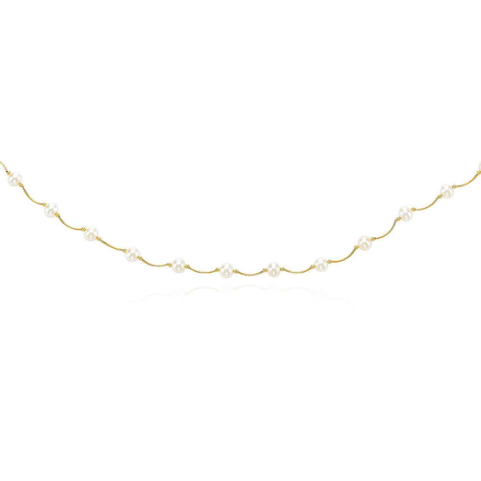 14K Gold Pearl Station By The Yard Scalloped Curved Necklace (Solid Links) 17" - WJD Exclusives