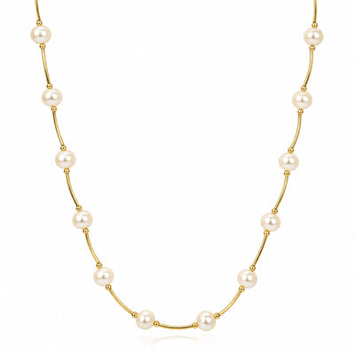 14K Gold Pearl Station By The Yard Scalloped Curved Necklace (Solid Links) 17"