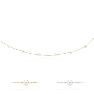 14K Gold 6.5mm Pearl Station By The Yard Cuban Necklace (Hollow) 16" - 18" - WJD Exclusives