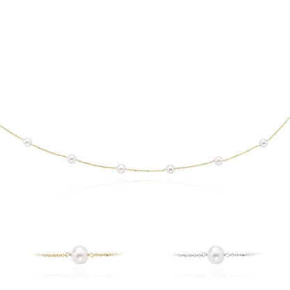 14K Gold 6.5mm Pearl Station By The Yard Cuban Necklace 16"-18"