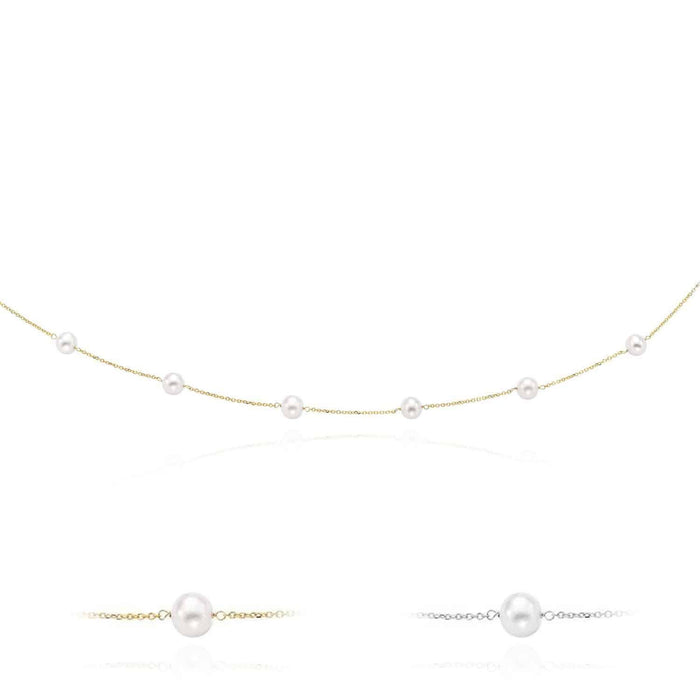 14K Gold 6.5mm Pearl Station By The Yard Cuban Necklace (Hollow) 16" - 18" - WJD Exclusives
