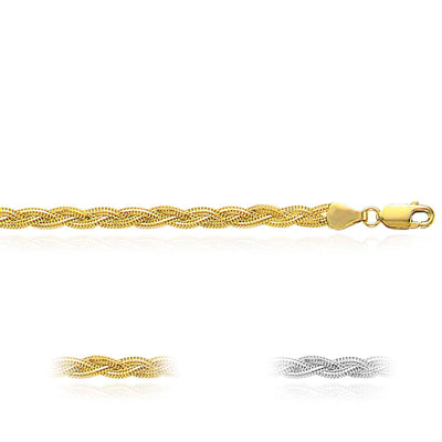 14K Yellow White Gold 3.5mm Textured Braided Fox Bracelet (Hollow) 7" - WJD Exclusives