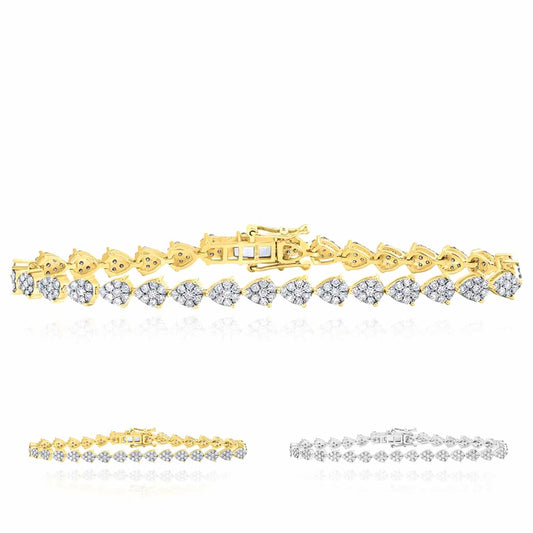 2CTW Real Diamond 10K Gold Yellow White Pear Cluster Tennis Bracelet 7"