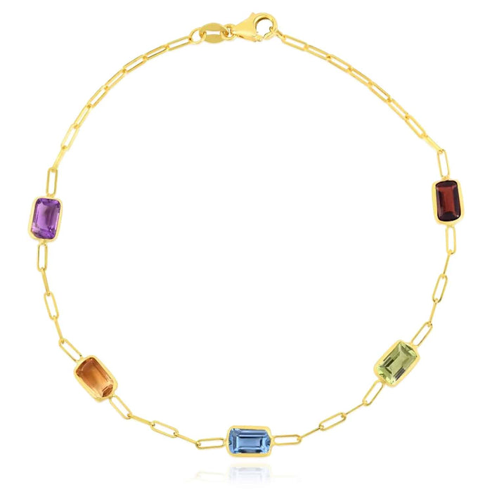 14K Yellow Gold Baguette - Cut Multi Color Gemstones Paperclip Bracelet (Hollow) 7" - WJD Exclusives