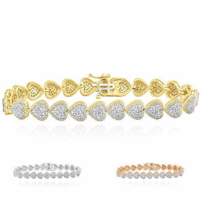 2.65CTW Natural Diamond 10K Yellow White Rose Gold Heart Tennis Bracelet 7" - WJD Exclusives
