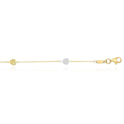 14K Two - Tone Gold Diamond - Cut Heart Stations Anklet (Hollow) 9" - 10" Adjustable - WJD Exclusives
