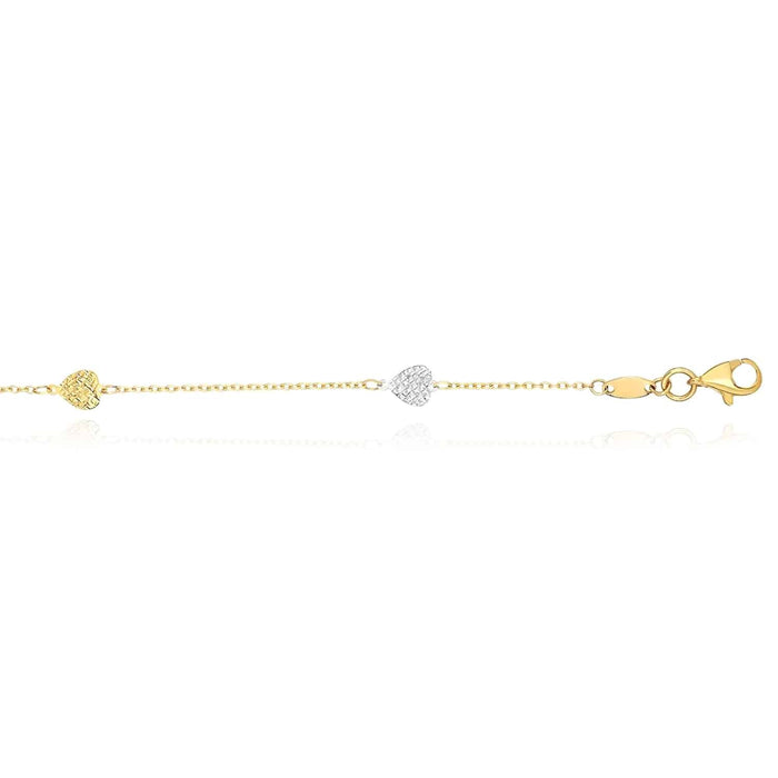 14K Two - Tone Gold Diamond - Cut Heart Stations Anklet (Hollow) 9" - 10" Adjustable - WJD Exclusives