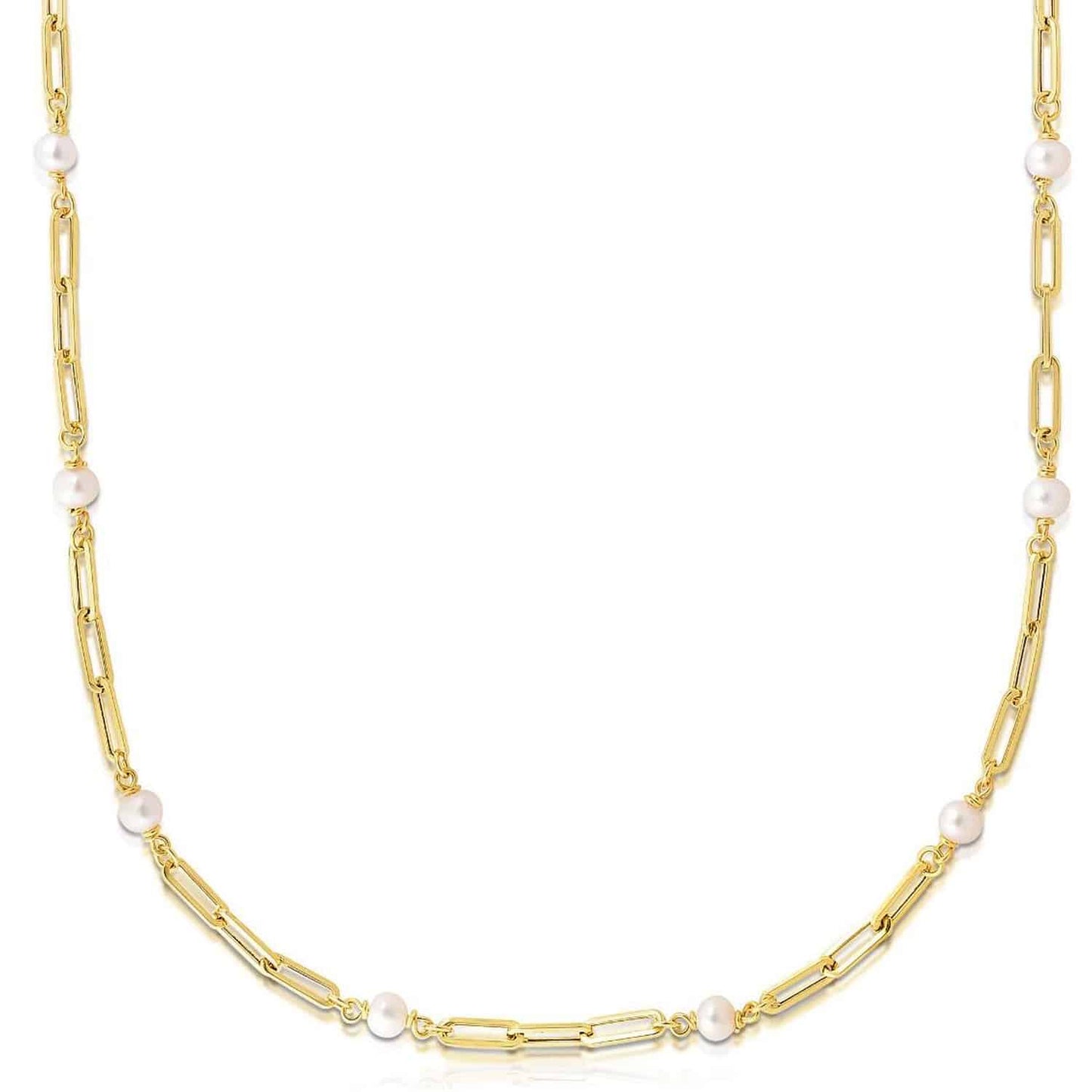 14K Gold 4.5mm Freshwater Pearl Stations Paperclip Necklace 24"