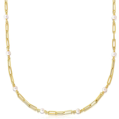 14K Gold 4.5mm Freshwater Pearl Stations Paperclip Necklace (Hollow) 24" - WJD Exclusives