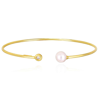 .35CT Real Diamond 14K Gold Yellow 7mm Freshwater Pearl Open Cuff Bangle
