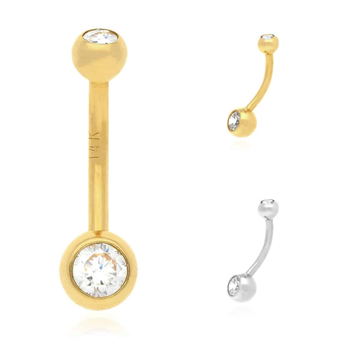 Real 14K Gold CZ Barbell Navel Belly Ring 14G