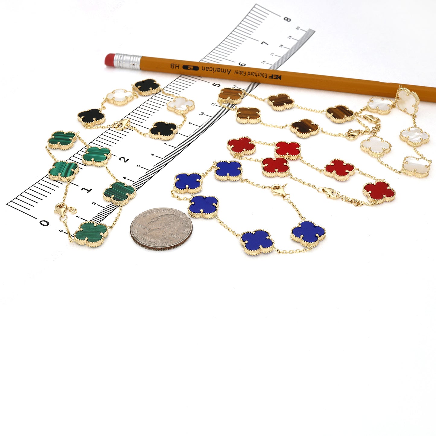 14K Yellow Gold Natural Gemstone Clover Adjustable Bracelet 7–7.5"