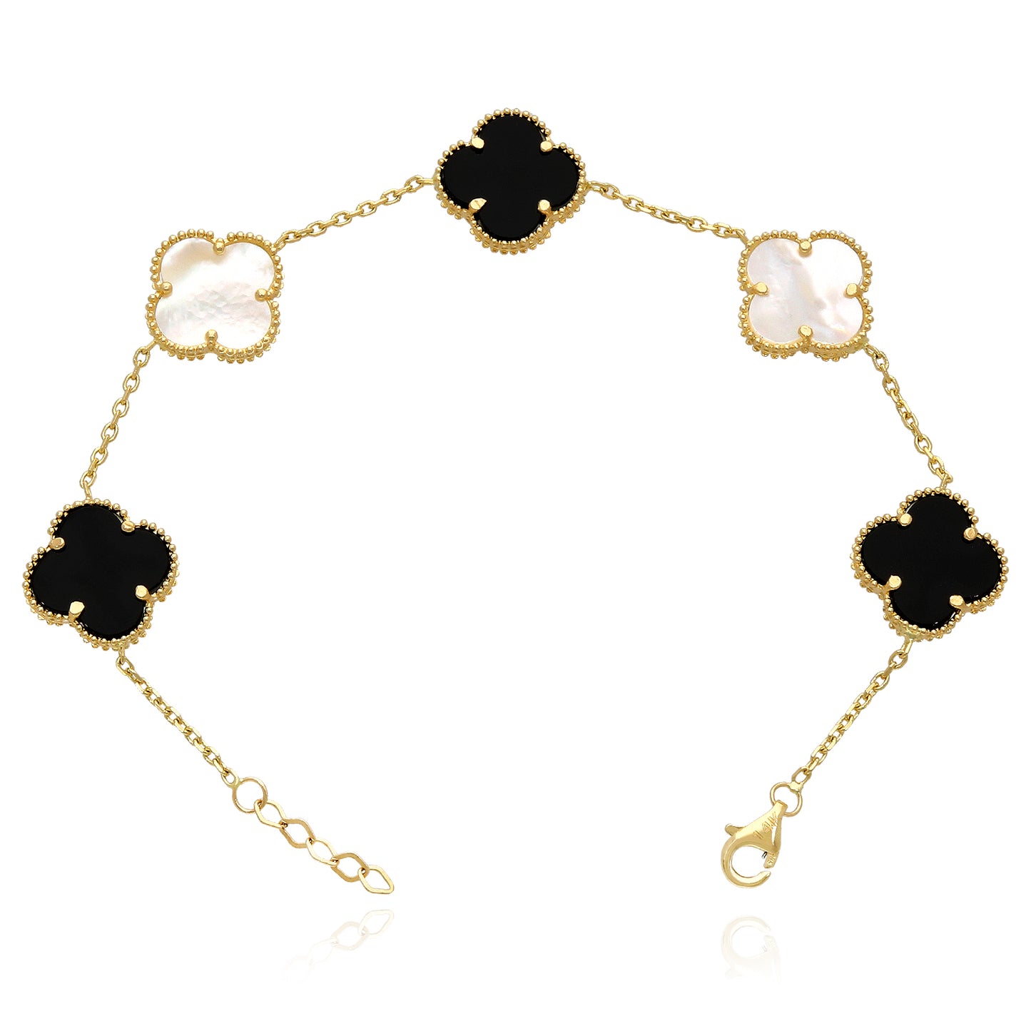 14K Yellow Gold Natural Gemstone Clover Adjustable Bracelet 7–7.5"