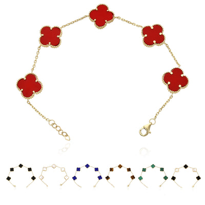 14K Yellow Gold Natural Gemstone Clover Adjustable Bracelet 7–7.5"