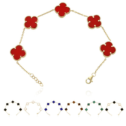 14K Yellow Gold Natural Gemstone Clover Adjustable Bracelet 7–7.5"