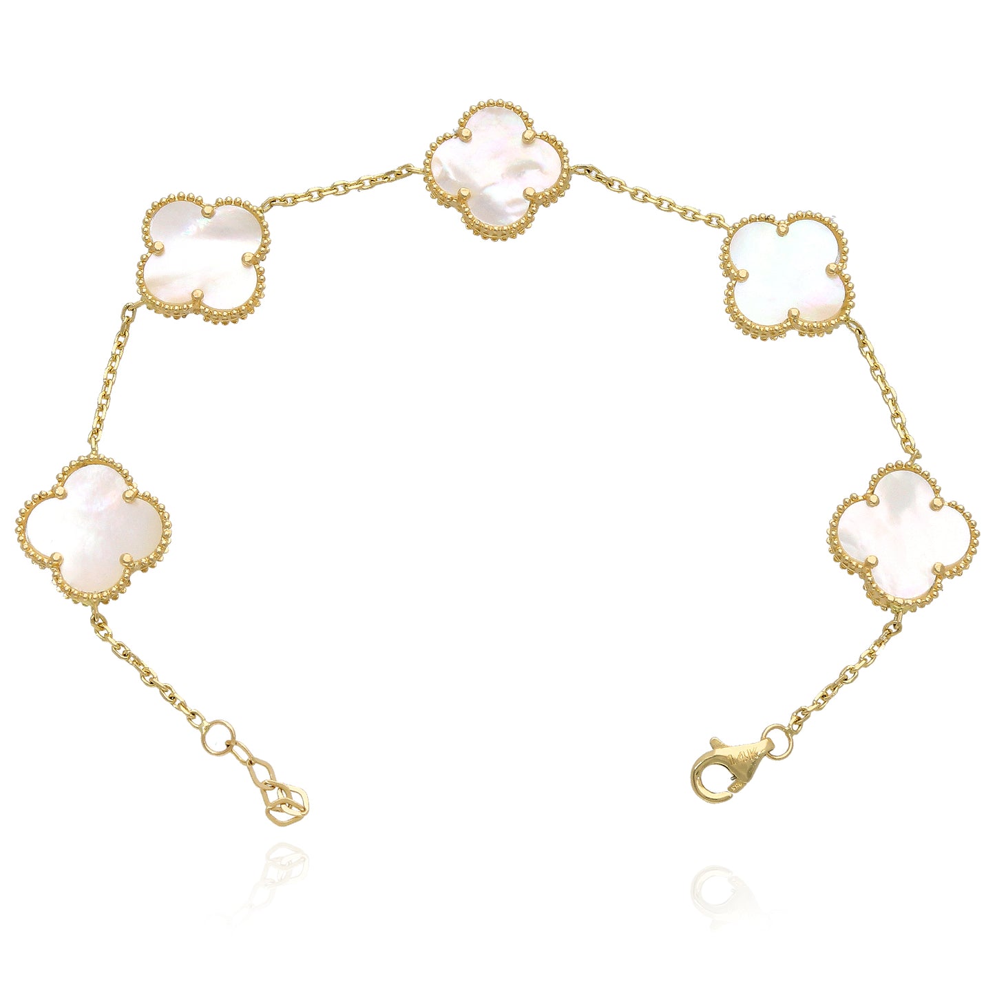 14K Yellow Gold Natural Gemstone Clover Adjustable Bracelet 7–7.5"