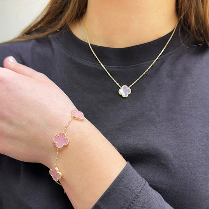 14K Yellow Gold Natural Gemstone Clover Adjustable Bracelet 7–7.5"