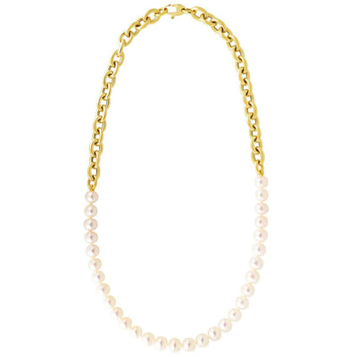 14K Gold Rolo 6.5mm Cultured Pearl Combination Chain (Hollow) 16" - WJD Exclusives