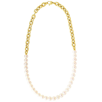 14K Gold Rolo 6.5mm Cultured Pearl Combination Chain Necklace 16"
