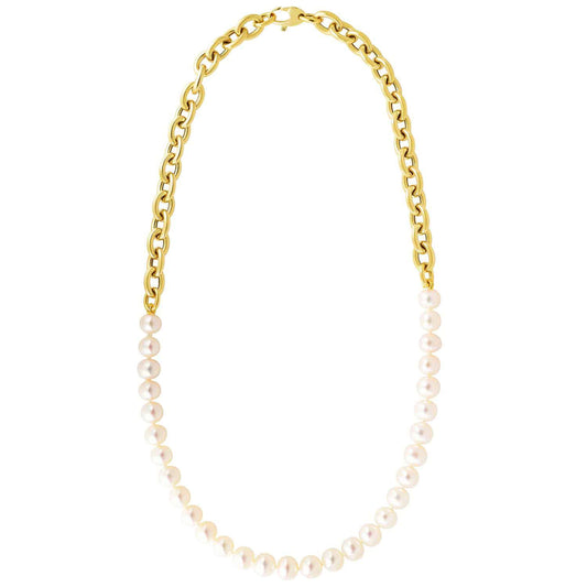 14K Gold Rolo 6.5mm Cultured Pearl Combination Chain Necklace 16"
