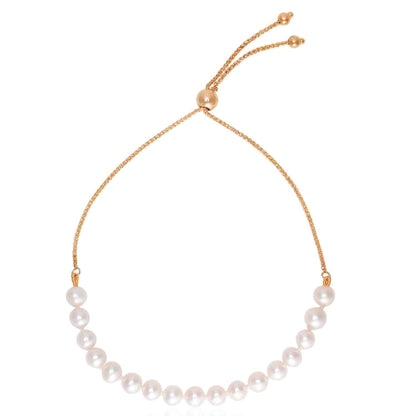 14K Gold Yellow White Rose 5mm Cultured Pearl Bolo Bracelet 9.25" Adjustable