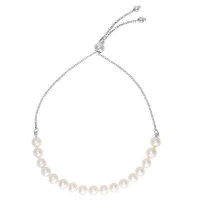 14K Yellow White Rose Gold 5mm Cultured Pearl Bolo Bracelet (Solid Links) 5" - 9.25" Adjustable - WJD Exclusives