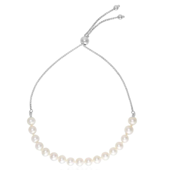 14K Yellow White Rose Gold 5mm Cultured Pearl Bolo Bracelet (Solid Links) 5" - 9.25" Adjustable - WJD Exclusives