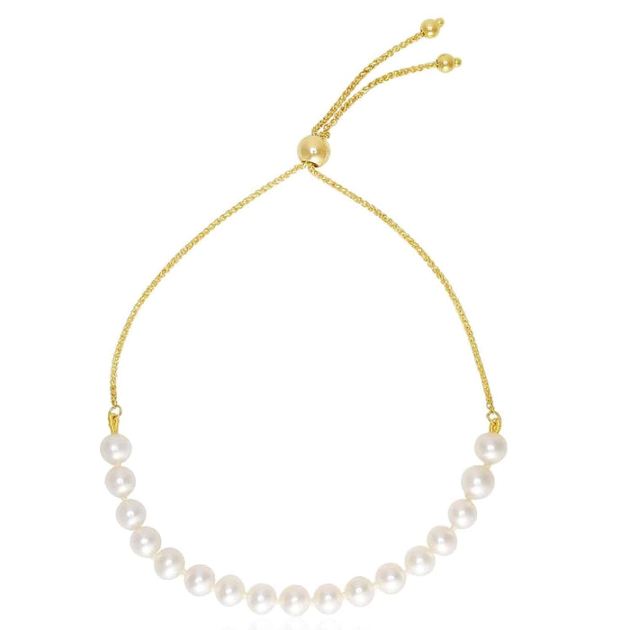 14K Yellow White Rose Gold 5mm Cultured Pearl Bolo Bracelet (Solid Links) 5" - 9.25" Adjustable - WJD Exclusives
