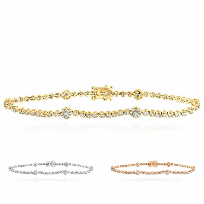 1.44CTW Natural Diamond 10K Gold Yellow White Rose Station Tennis Bracelet 7" - WJD Exclusives