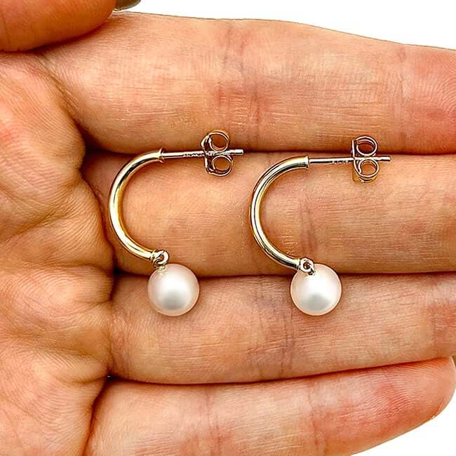 14K Gold Cultured Pearl Half - Hoop Push Back Earrings 25mm - WJD Exclusives