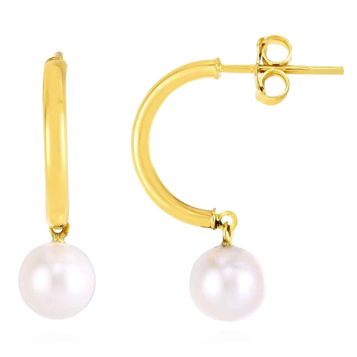 14K Gold Cultured Pearl Half - Hoop Push Back Earrings 25mm - WJD Exclusives