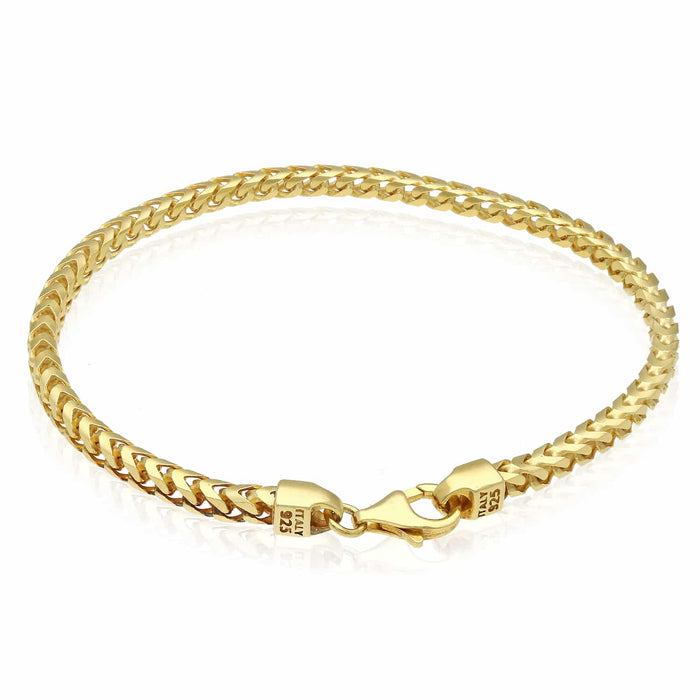 18K Yellow Gold Over Sterling Silver 3.7mm Franco Bracelet (Solid Links) 8" - 9" - WJD Exclusives
