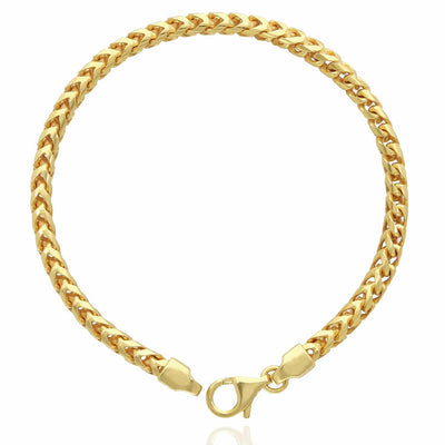 18K Yellow Gold Over Sterling Silver 3.7mm Franco Bracelet (Solid Links) 8" - 9" - WJD Exclusives