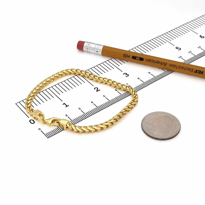 18K Yellow Gold Over Sterling Silver 3.7mm Franco Bracelet (Solid Links) 8" - 9" - WJD Exclusives