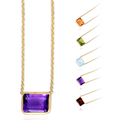 14K Yellow Gold Emerald - Cut Bezel Gemstone Necklace (Solid Links) 16" - 18" Adjustable - WJD Exclusives