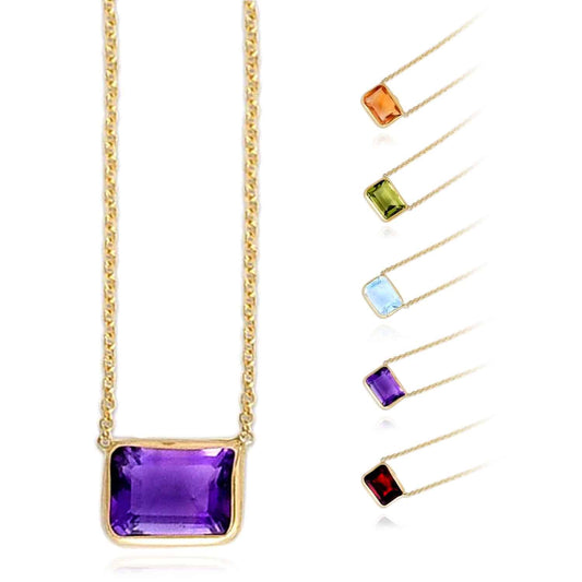 14K Gold Emerald-Cut Bezel Gemstone Pendant Necklace 16"-18" Adjustable