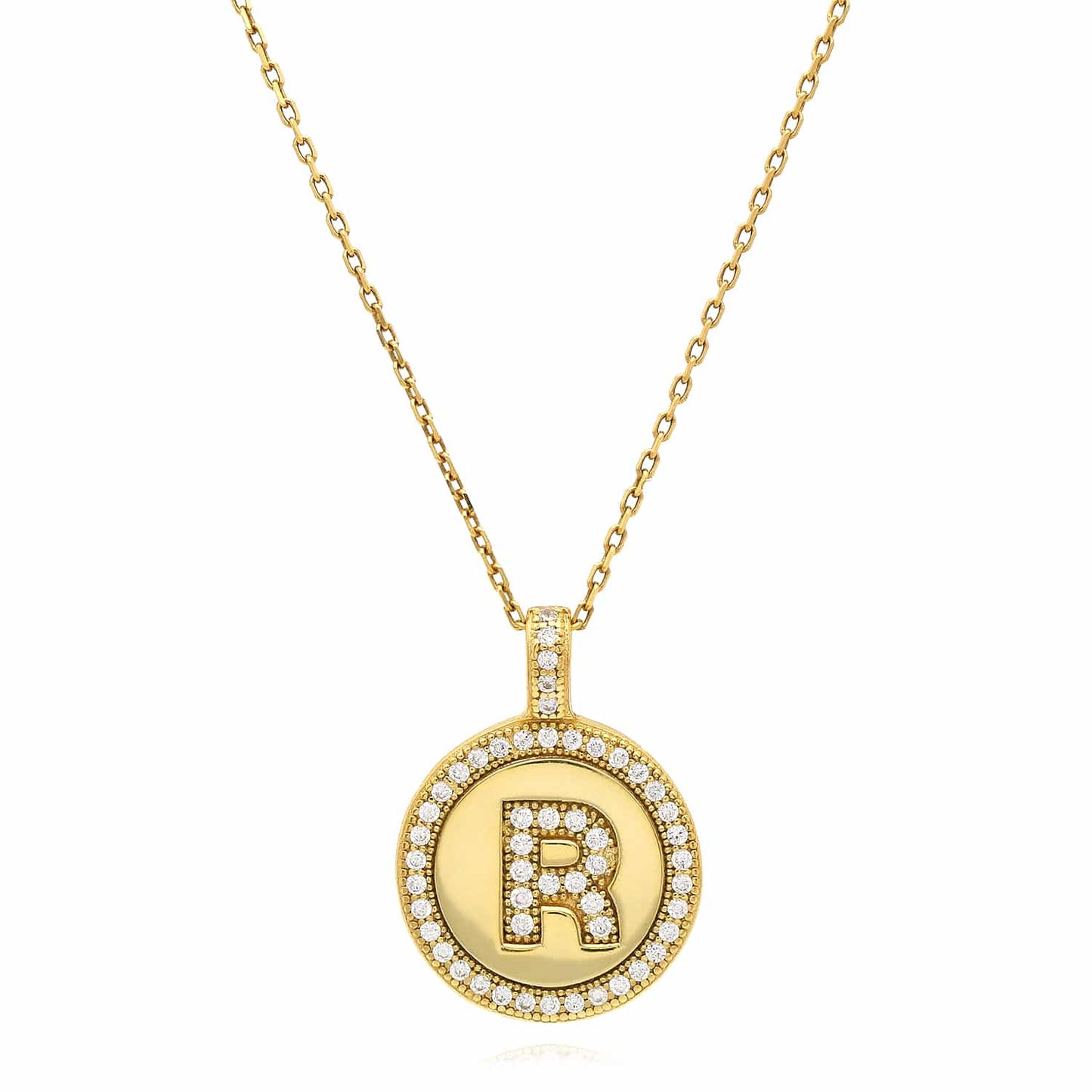18K Yellow Gold Over Silver CZ Round Initial Pendant Necklace 18"