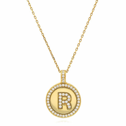 18K Yellow Gold Over Silver CZ Round Initial Pendant Necklace 18"