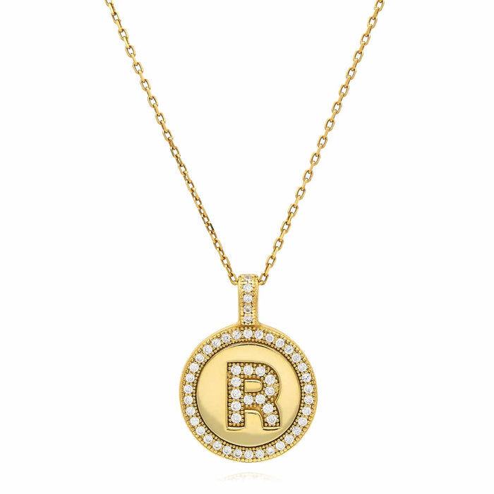 18K Yellow Gold Over Silver CZ Round Initial Pendant Necklace 18" - WJD Exclusives