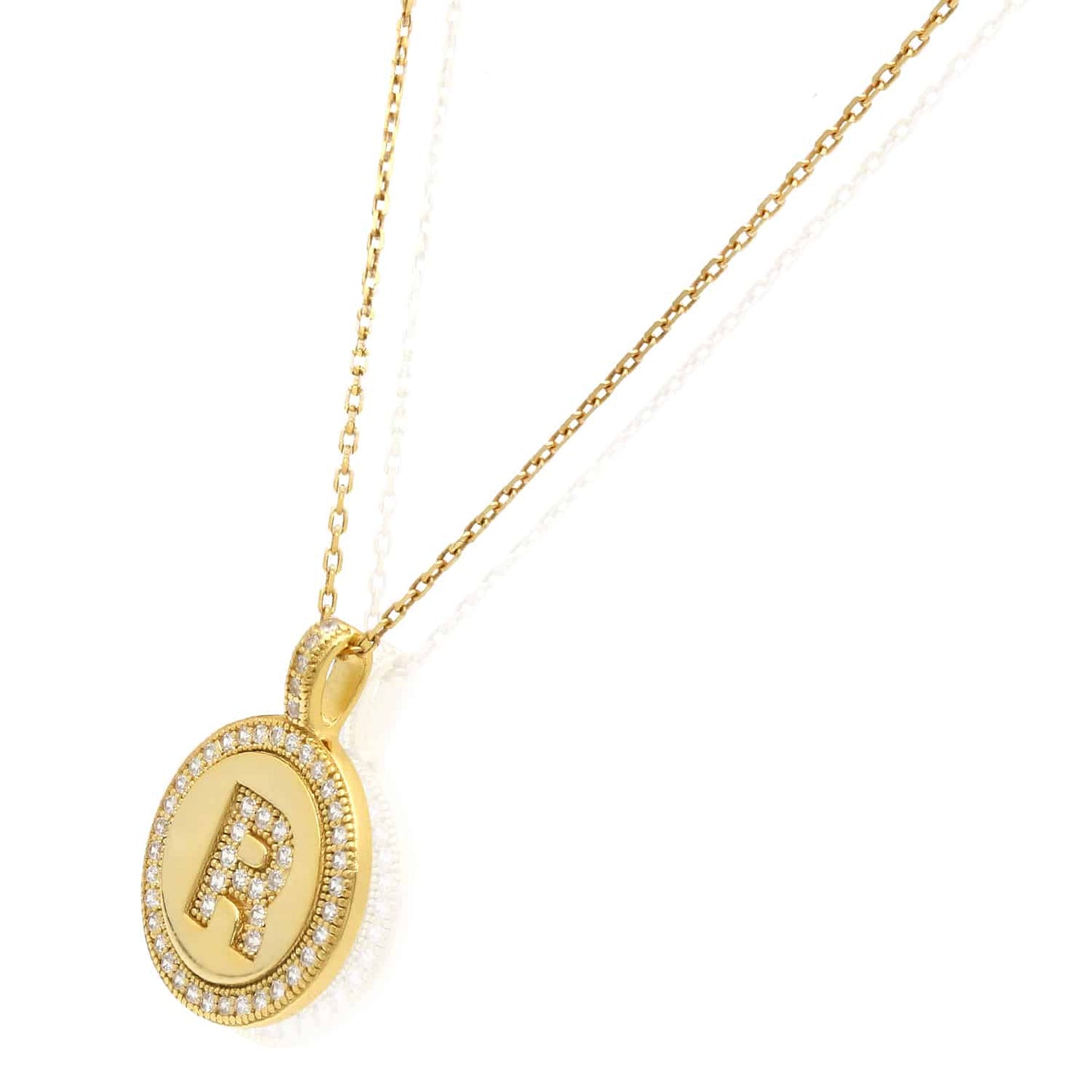 18K Yellow Gold Over Silver CZ Round Initial Pendant Necklace 18"